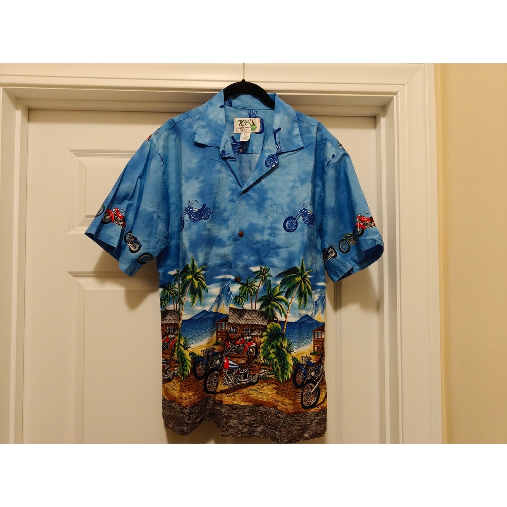 KY'S Made in Hawaii Mens Blue Motorcycle Tropical Beach Aloha Shirt‎ Large L